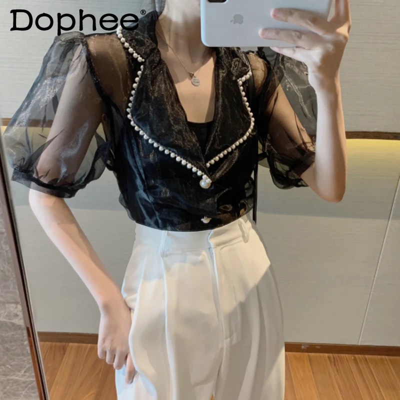 

French Retro Organza Suit Collar Black Button Up Shirt for Women's Thin Bubble Short Sleeve Blousas Top 2022 Summer New Clothes