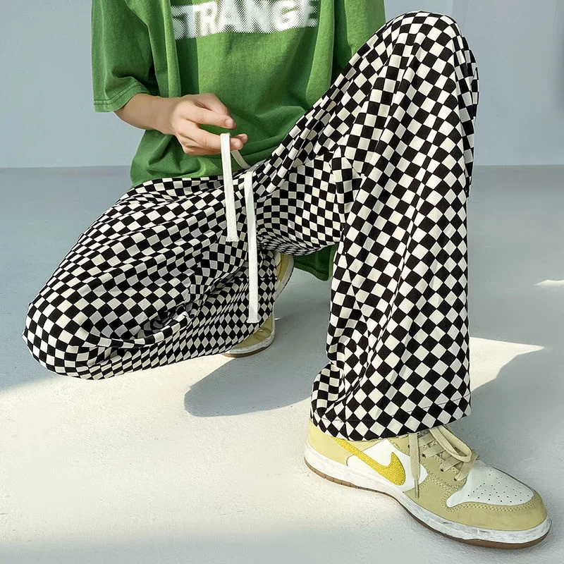 

2022 Men's Plaid Printing Casual Pants Youth Loose Hip Hop Black/red Trousers Fashion Homme Elastic Waist Joggers Sweatpants