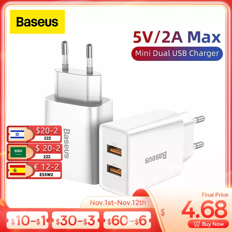 

Baseus Mini Dual USB зарядное устройство с европейской вилкой адаптер настенное быстрое зарядное устройство для iPhone11 Xs Быстрая зарядка портативный ...
