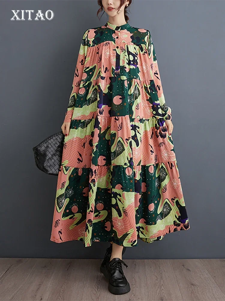 Однобортные платья XITAO с принтом в стиле пэчворк пуловер воротником-стойкой