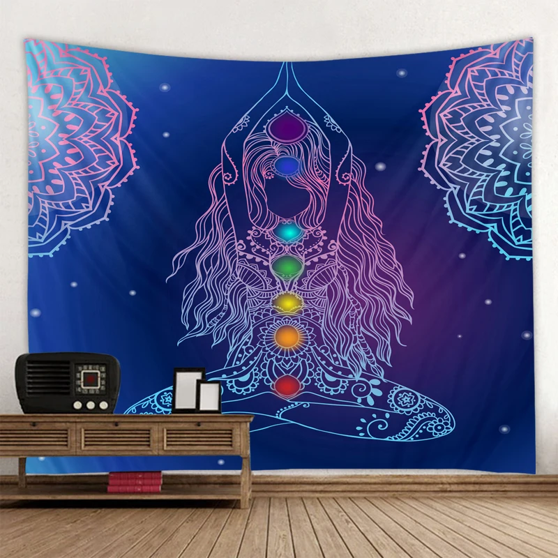 

Buddha Statue Meditation 7 Chakra Tapestry Wall Hanging Psychedelic Crystal Sky Background Yoga Carpet Boho Decor