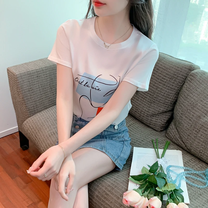 

Large 2023 Summer New Women Cotton Short Sleeve T-shirt Female Loose and Unique White Tees Ladies Elegant Slim Top MQ304