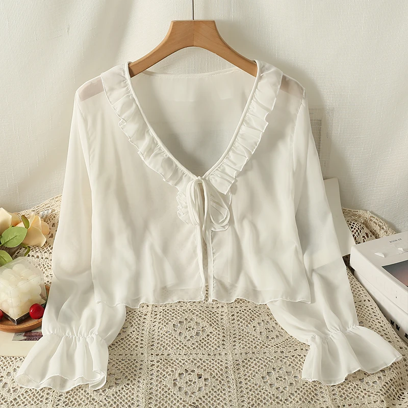 

Summer Ruffled Blouse Women Solid Color Flared Sleeve Thin Blouses Ladies Tops 2023 Blusas Femininas