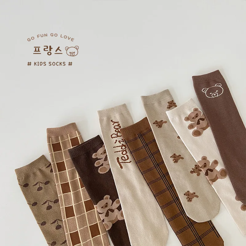 Осенние прямые носки до колен с мультяшным медведем для маленьких мальчиков и