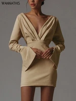 wannathis deep v neck flare sleeve mini dress solid sexy women twist casual fall chic office lady folds casual elegant dresses