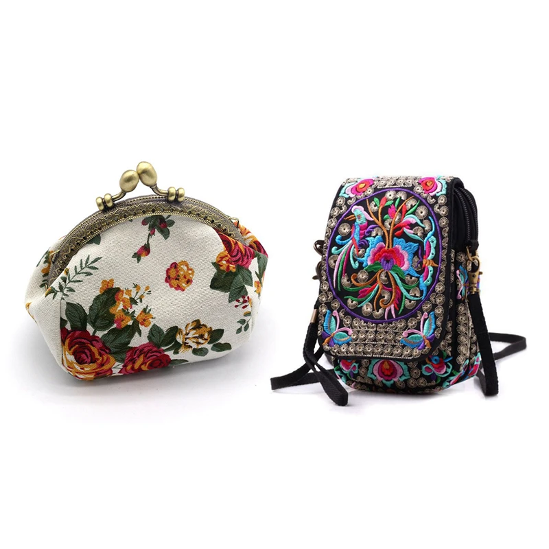 

1Pcs Vintage Printed Handmade Women Mini Crossbody Bag Cellphone Pouch Small Handbag Coin Purse & 1Pcs Wallet,Lady Vintage Flowe