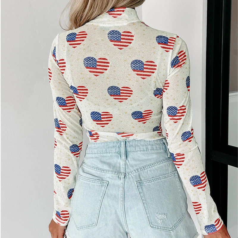 CyiExi белое боди с длинными рукавами Love Heart Americana женские сексуальные блестящие