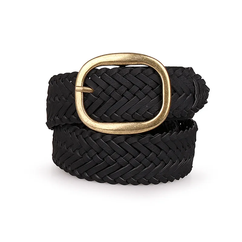 Black PU Weave Female Belts New Design Round Gold Metal Pin Buckle Women's Waistbelts Fashion Casual Strap Thin Belts Ladies