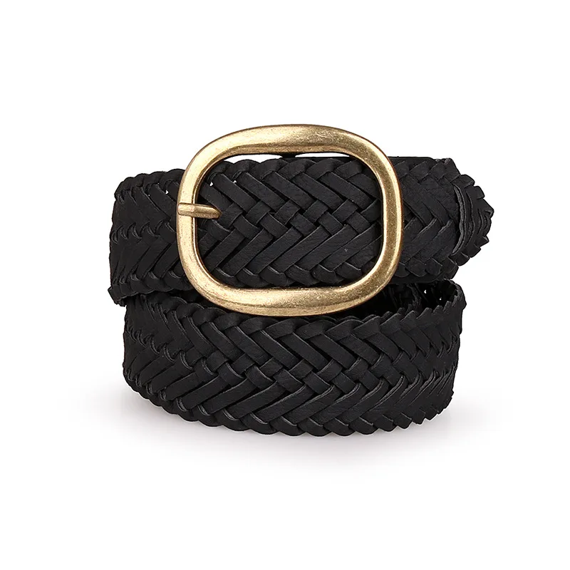 

Black PU Weave Female Belts New Design Round Gold Metal Pin Buckle Women's Waistbelts Fashion Casual Strap Thin Belts Ladies