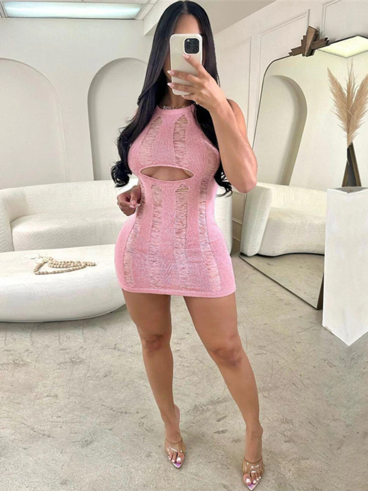 

XIZOU Knitted Skinny Mini Dress 2023 Summer Sleeveless Sexy Hollow Out Bodycon Dress Black Elegant Female Party Clubwear Outfits