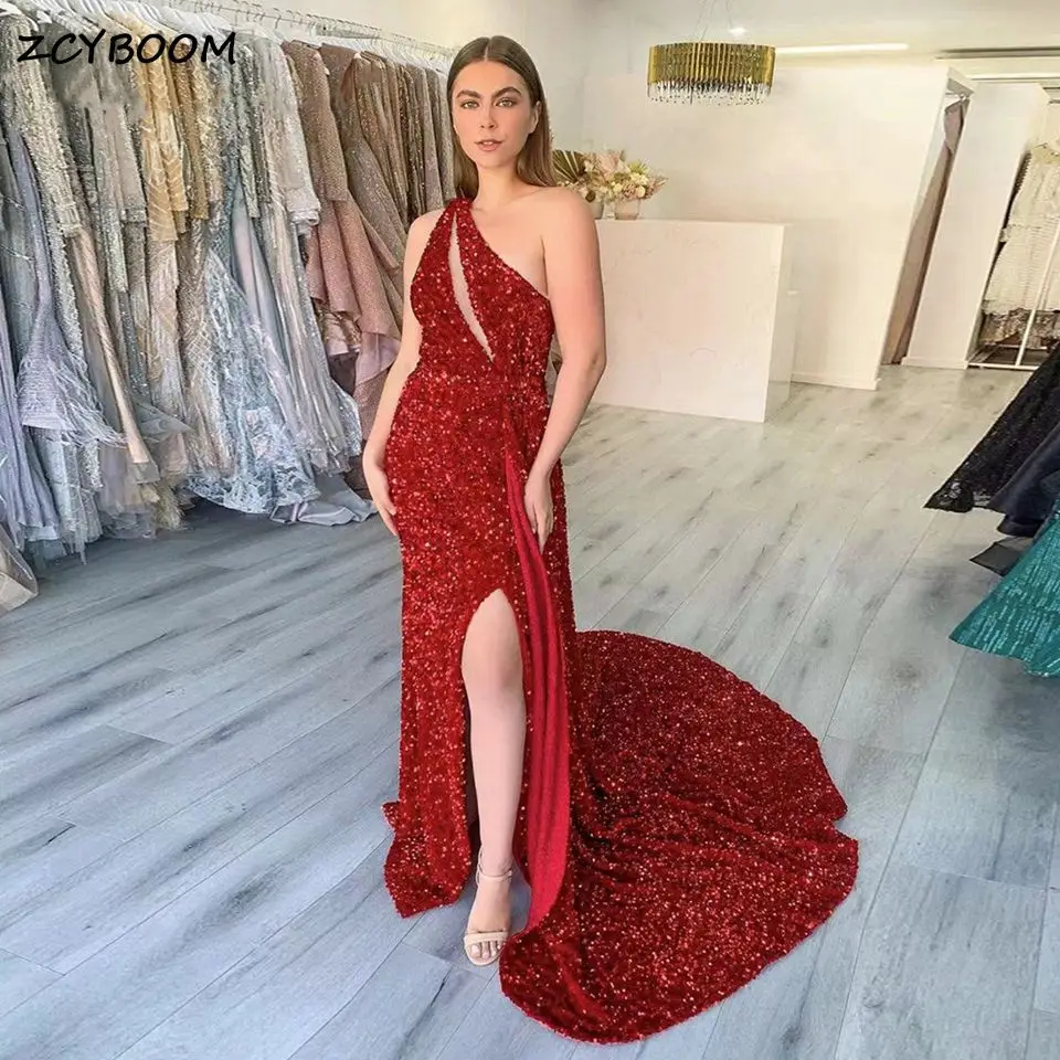 

Sexy Burgundy Shiny Sequined Mermaid Party Prom Gowns 2023 One Shoulder High Slit Floor Length Evening Dresses Robes De Soirée