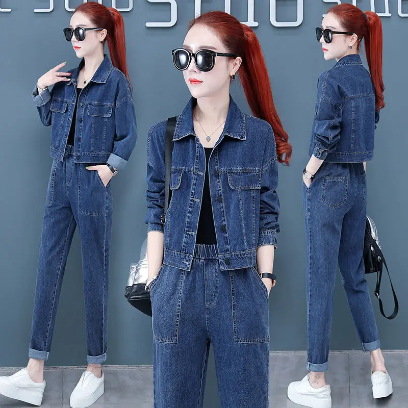 

Women Cowboy Suit 2022 New Spring Fashion Female Casual Streetwear Denim Set Loose Pants Two-Piece Suit Women Jeans Outfit E251
