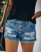 womens ripped denim shorts 2022 summer casual tassel jeans pants sexy slim raw edge shorts fashion pockets buttons streetwear