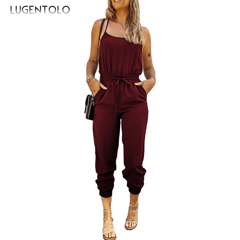 

Women Summer Jumpsuits Casual Slim Solid Sleeveless Elastic Waist Spaghetti Strap Female Thin Street Pencil Jumpsuit
