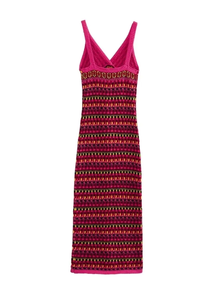

Spaghetti Strap Rainbow Stripe Knitting Crochet Dresses Tight Midi Dresses For Women Sexy V Neck Backless Slim Maxi Dresses