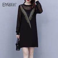 ehqaxin casual womens dress fashion 2022 spring hot diamond stitching black mesh loose dresses for ladies simple trend l 5xl