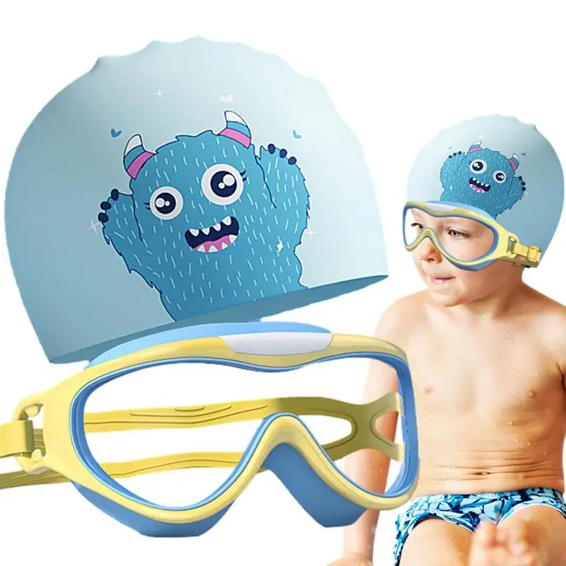

Детские незапотевающие плавательные очки, комплект с шляпой, прозрачный обзор, защита от запотевания, для мальчиков и девочек