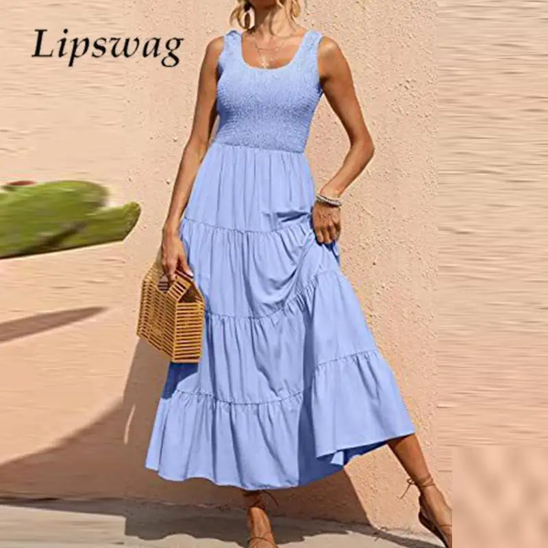 

Women Solid Color Pleated Stretch Dress Summer U Neck Sleeveless Long Dress Casual Ladies Waisted Splicing Long Beach Dress 2023