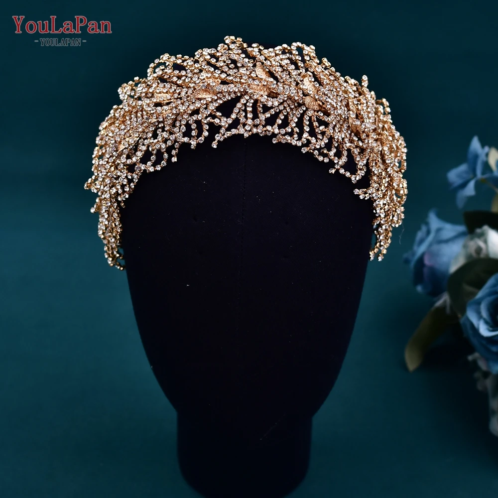 

YouLaPan Luxury Bridal Tiaras Headband Crystal Leaf Crown for Wedding Hair Accessories Handmade Rhinestone Bride Headpiece HP386