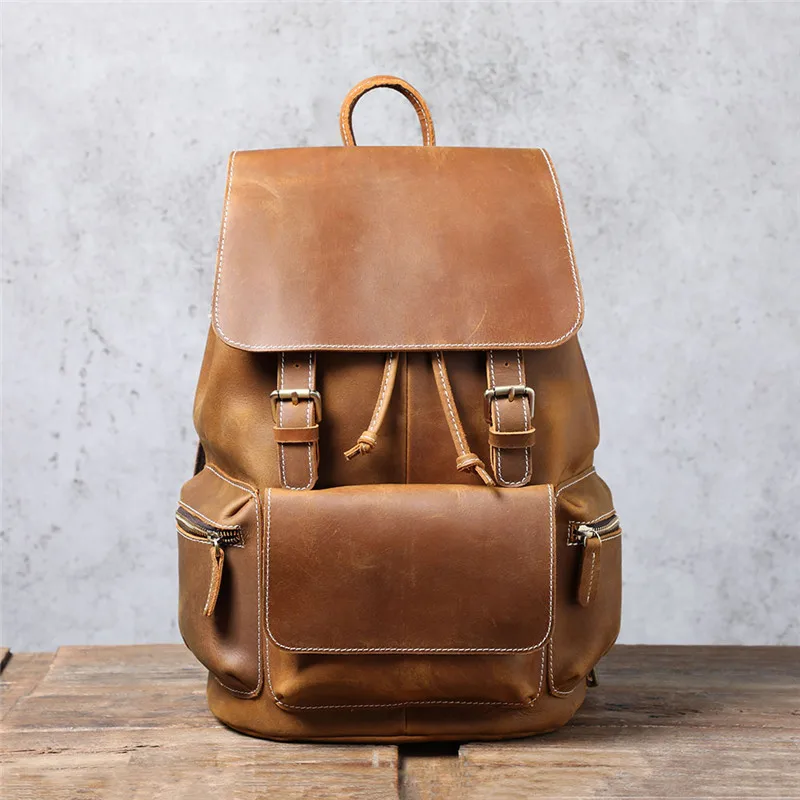 Vintage organizer genuine leather men's backpack outdoor travel real leather bookbag fashion crazy horse cowhide women's bagpack