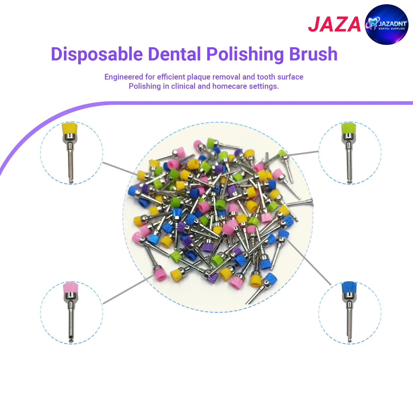 Фото Одноразовые полировочные насадки JAZA для зубов, нейлоновая щетина, для отбеливания, профессиональные щетки, стоматологические инструменты, 100 шт./упак. №2