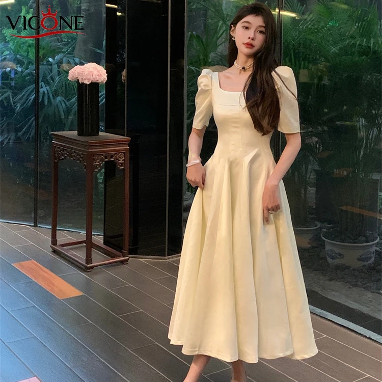 

VICONE Summer Women Vintage Elegant Party Short Sleeve Midi Dress Lady Evening Party A Line Fashion Prom Female Clothing Vestido