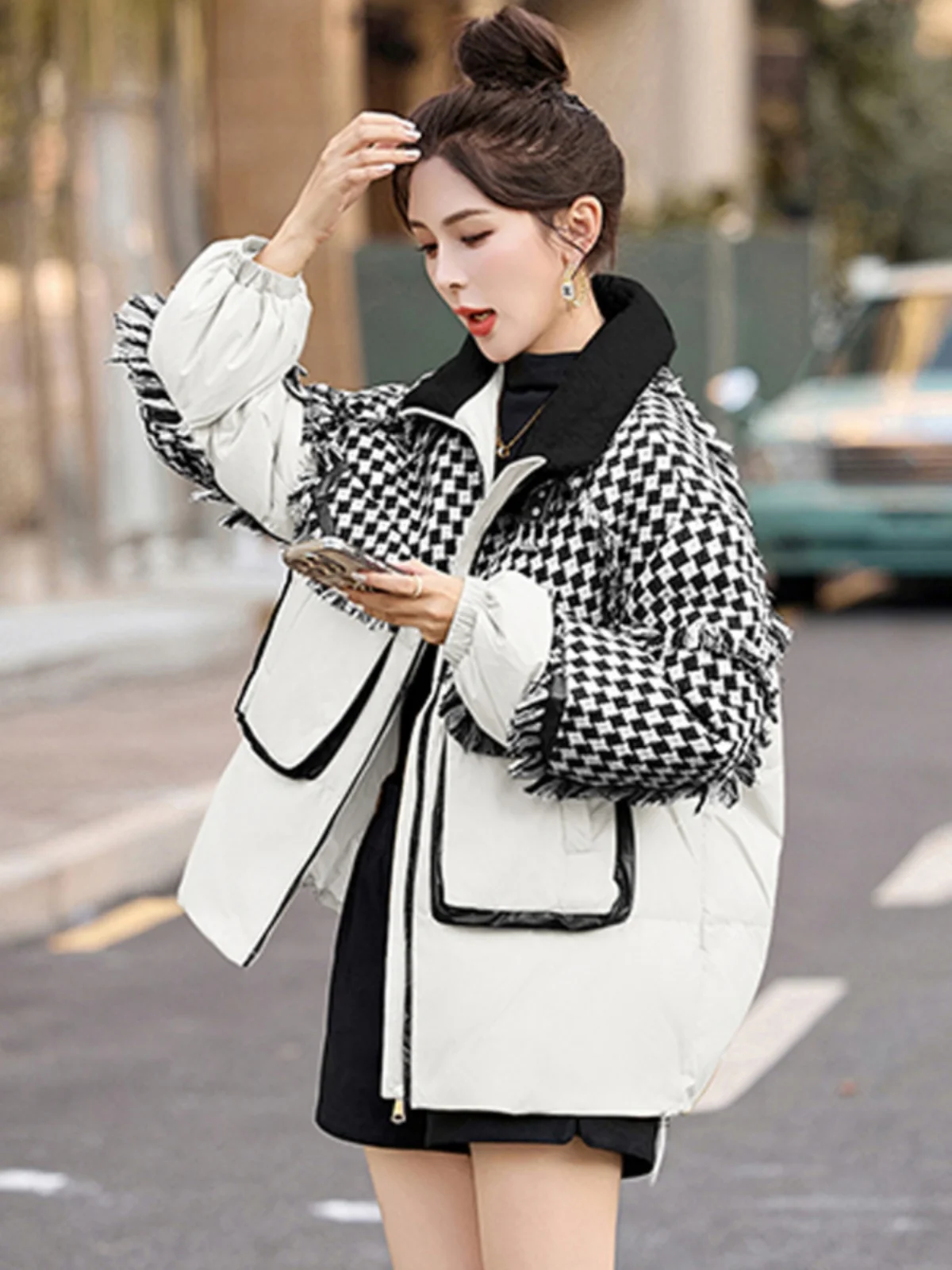 Новинка зимы 2024 пуховик Western Sle уменьшающая возраст лоскутная верхняя одежда с