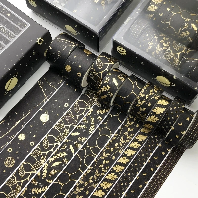 

10 Pcs/Set Washi Tape Set Black Starry Sky Leaves Gold Diy Decoration Scrapbooking Planner Masking Label Sticker Stationery