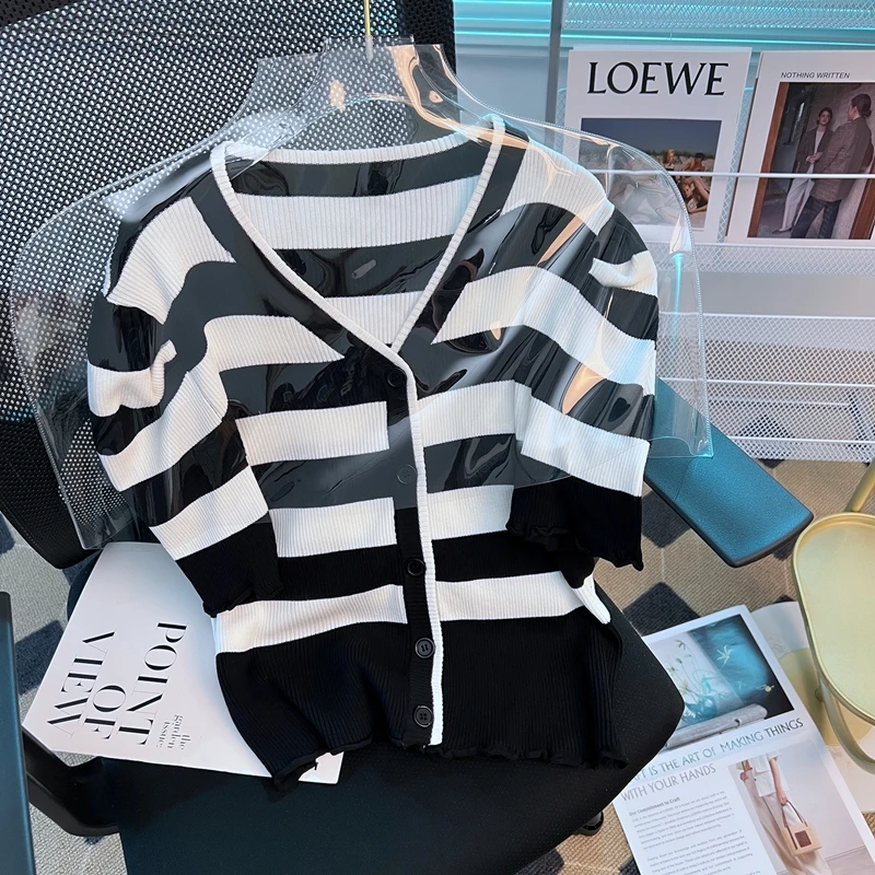 

Korea Chic Summer Striped Sweater Women Short Knitted Cardigan Fashion Puff Sleeve V-neck Knitwear 2022 New Solid Sweater Coat