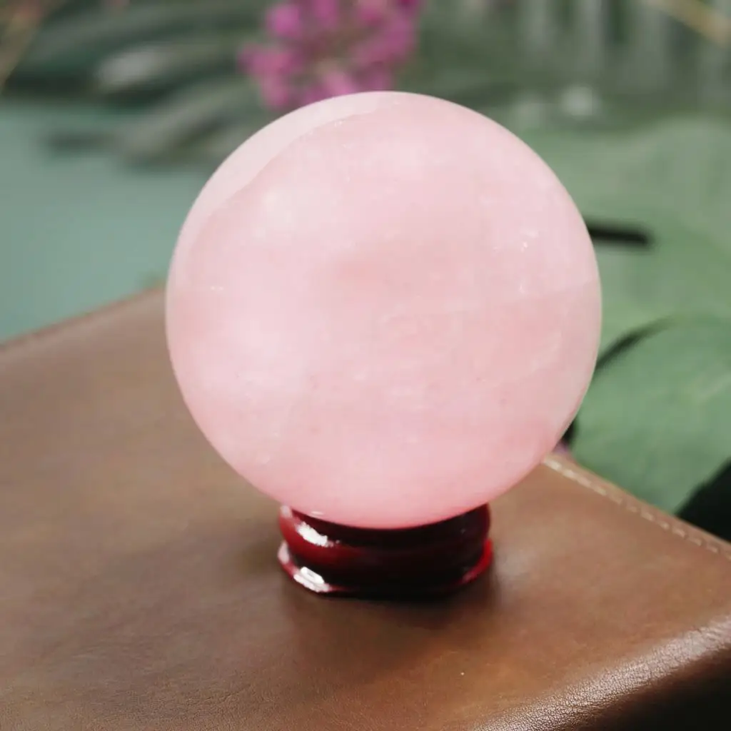 Natural Rose Quartz Sphere Gemstone Ball With Wooden Stand Reiki Healing Sculpture Figurine Desktop Decor Home Ornaments