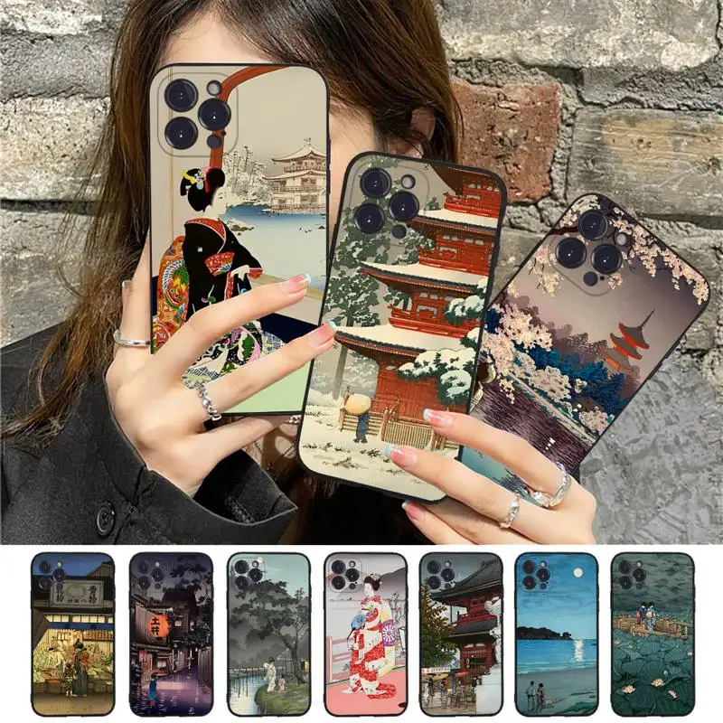 

FHNBLJ Japanese style Art painting Phone Case For iPhone 13 Pro MAX 14 11 12 Mini X XS XR 6 7 8 Plus SE 2020 Soft TPU Cover