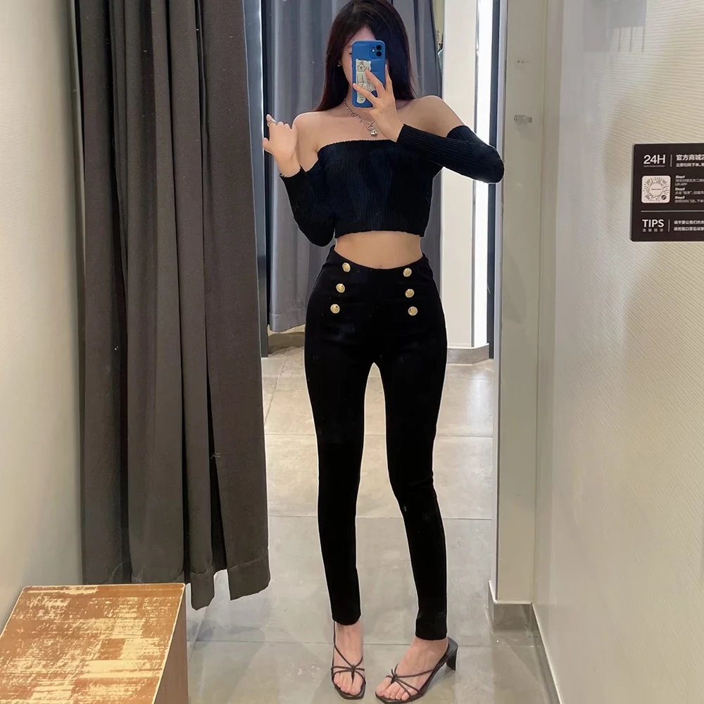 

PB&ZA women pants leggings autumn casual fashion temperament high waist slim high elastic button decoration female pencil pants