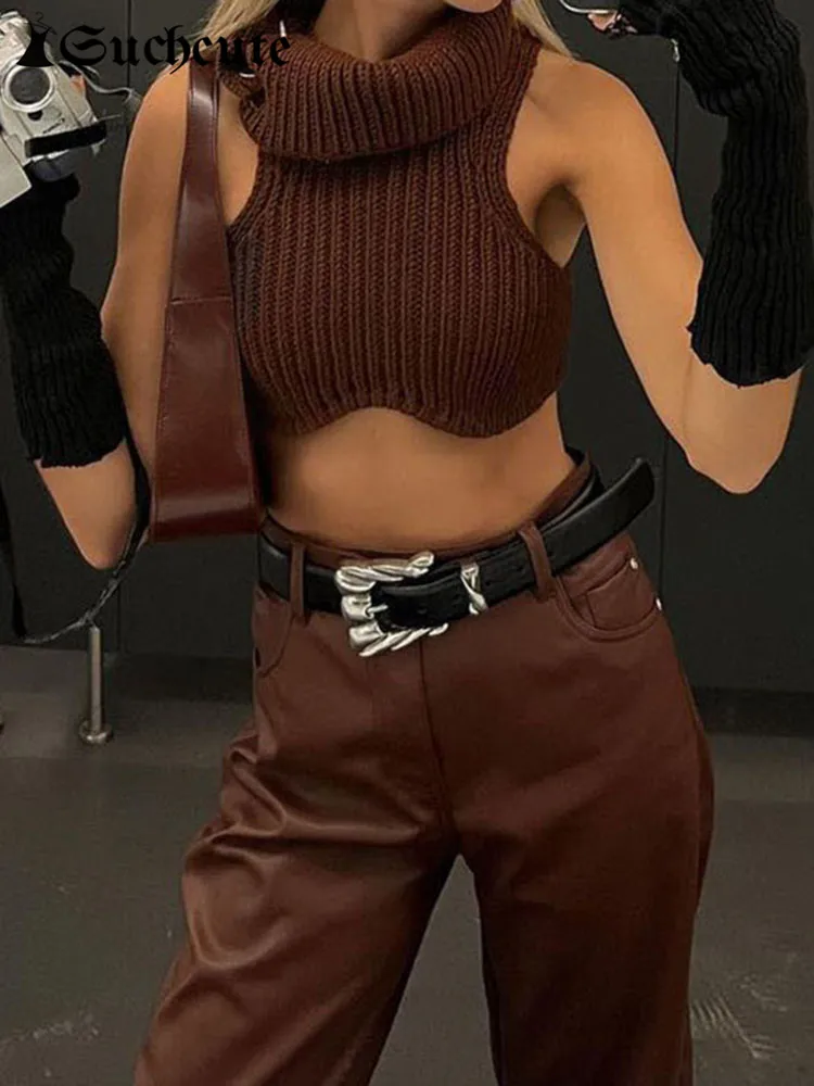 

SUCHCUTE Sexy Sleeveless Sweater Pullover Women Retro Solid Turndown Collar Crop Tops 90s Basic Fashion Bodycon Brown Clothes