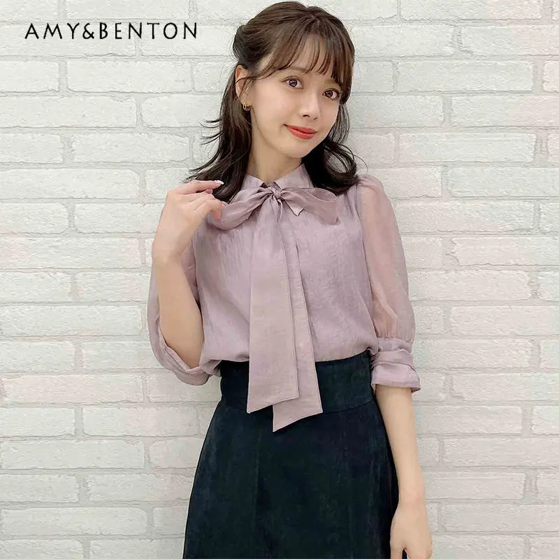 

Chiffon Shirt Bow Three-Quarter Sleeve Women's Tops Japanese Style Bottoming Shirt Fashion Blusa Mujer
