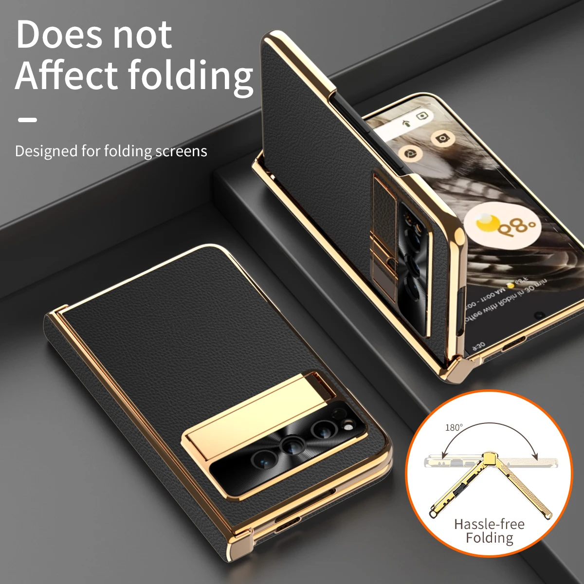 For Google Pixel Fold Case Luxury Electroplating Lychee Patterned Plain Leather Bracket Folding Hinge With Tempered Film Cover