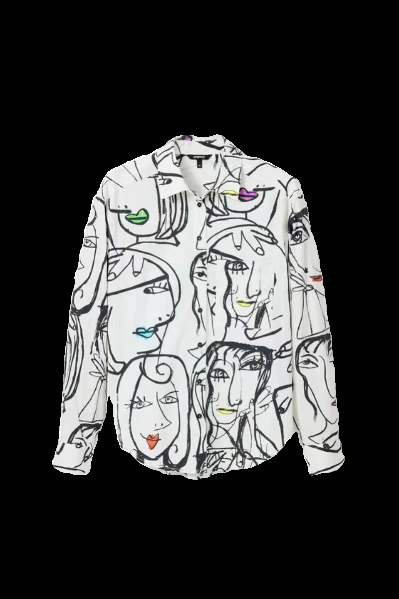 Foreign trade original single Spanish fashion new casual printed hand-painted face cotton slimming ladies shirt