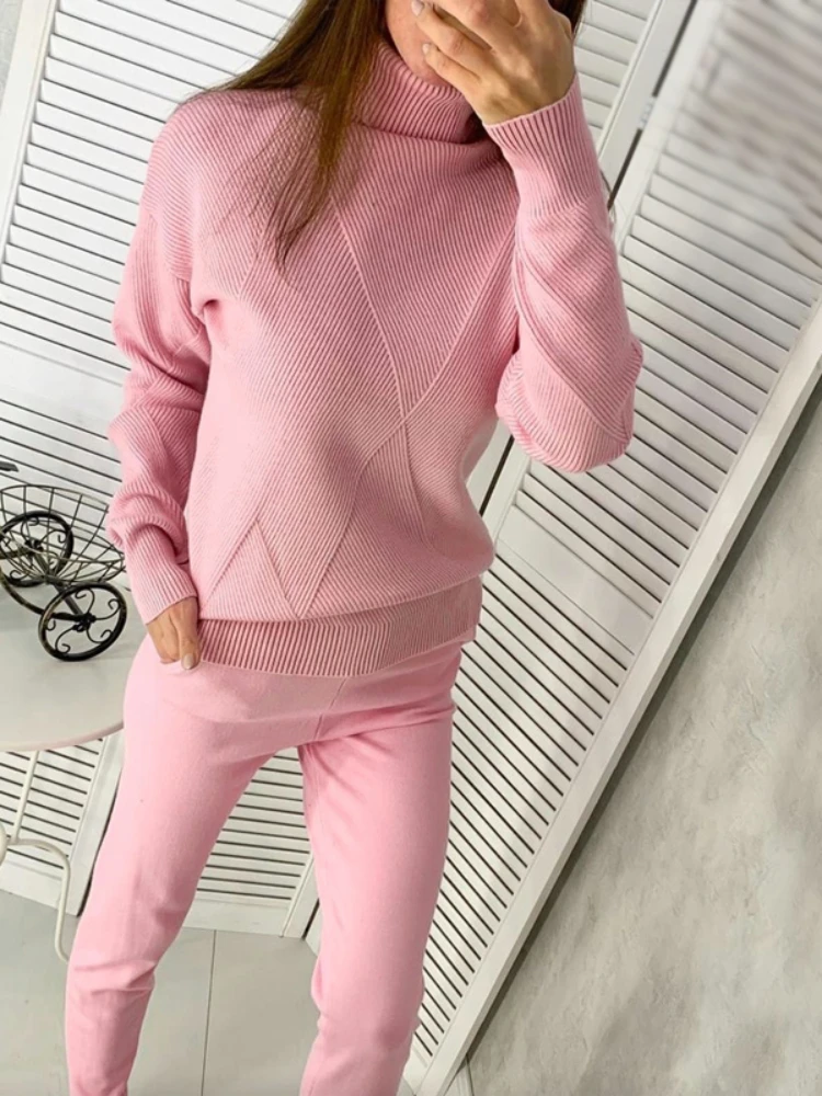 Осенне-зимний свитер комплект из двух предметов Женский облегающий Однотонный