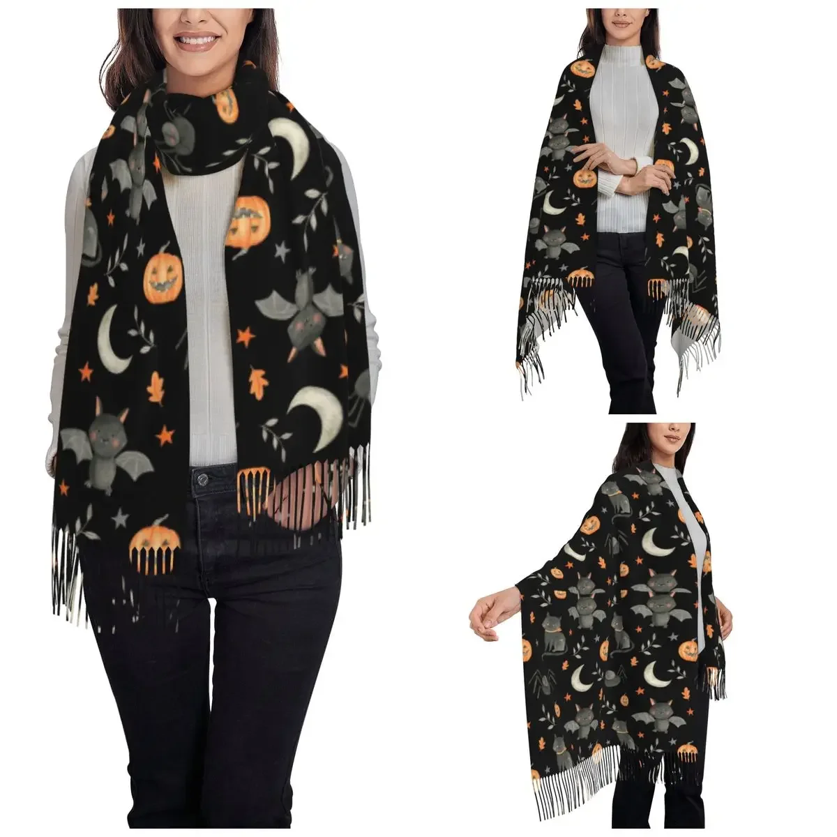 Шаль для Хэллоуина женщин зимний теплый большой мягкий шарф тыква луна кошка