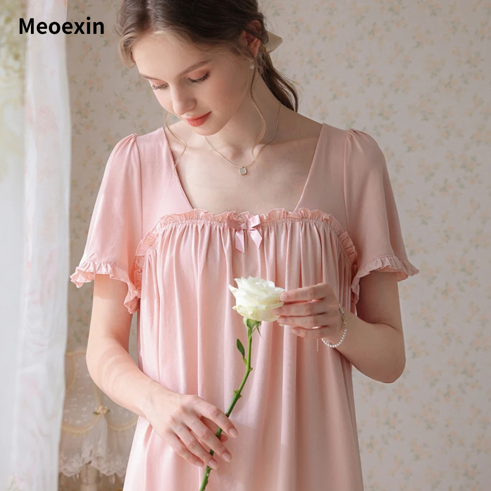 

Meoexin Pajama Dress Women's Summer Short Sleeve Cotton Thin Princess Mid Length Dress Home Furnishing Large Loose Sweetheart
