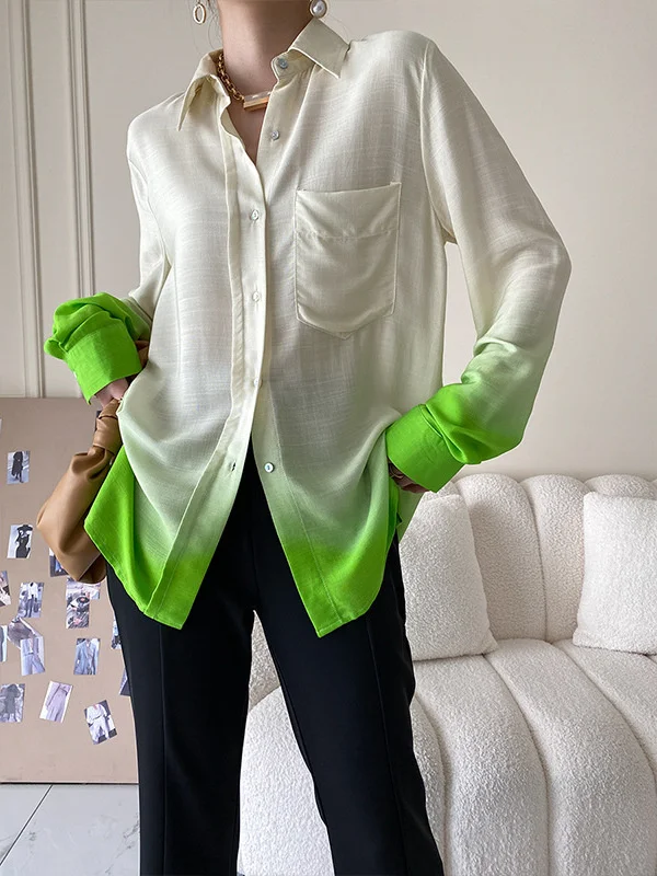 

Green gradient trend women shirts beautiful tops 2022 autumn spring long sleeve Turn-down Collar loose blouse Femme Blusas G771