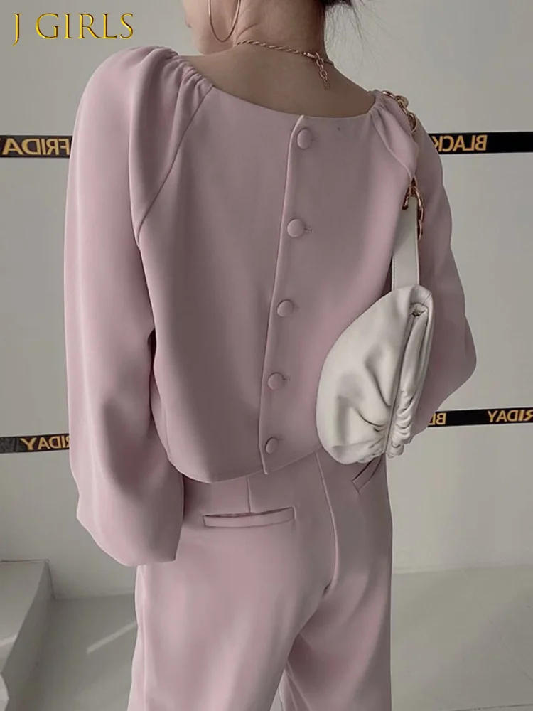 

J GIRLS Elegant Square Collar Shirt Women Back Single Breasted Cropped Top + High Waist Two Buttons Wide Leg Pants Casual