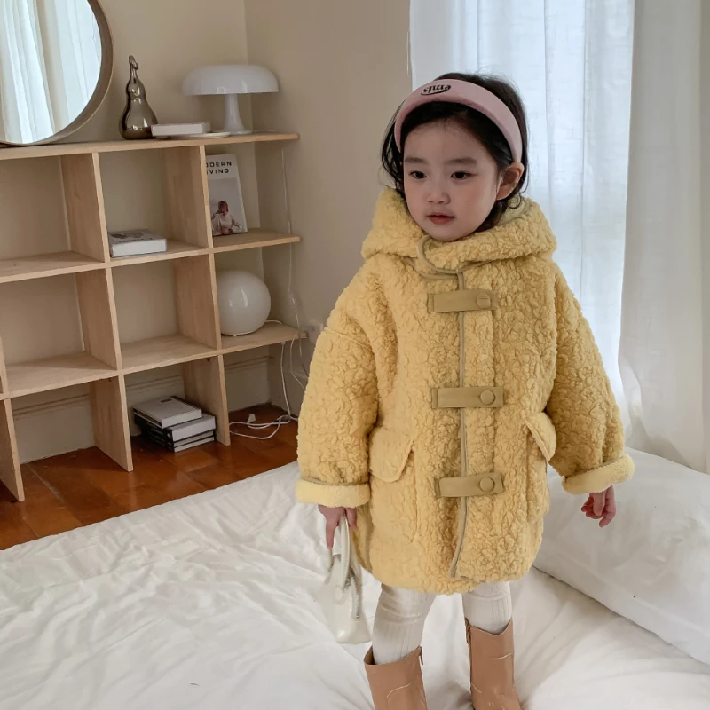 

Winter Coat Girls Hooded Coat Fashion Warm Korean Edition Cashmere Composite Lamb Coat Kids Jacket New Children Outerwear 2-7Yrs