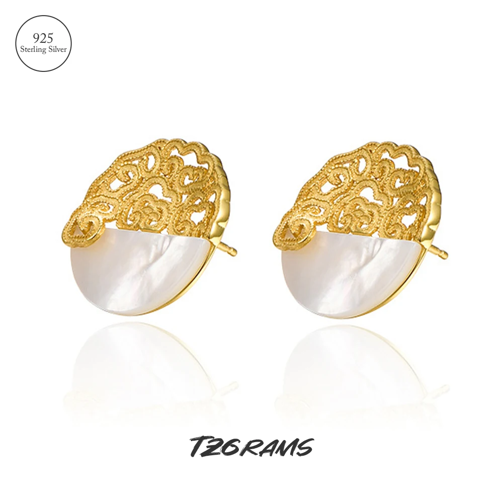 

TZgrams 925 Sterling Silver Vintage Gold Earrings For Women Hollow-out Carved Round Earrings With White Shell Trendy Jewelry