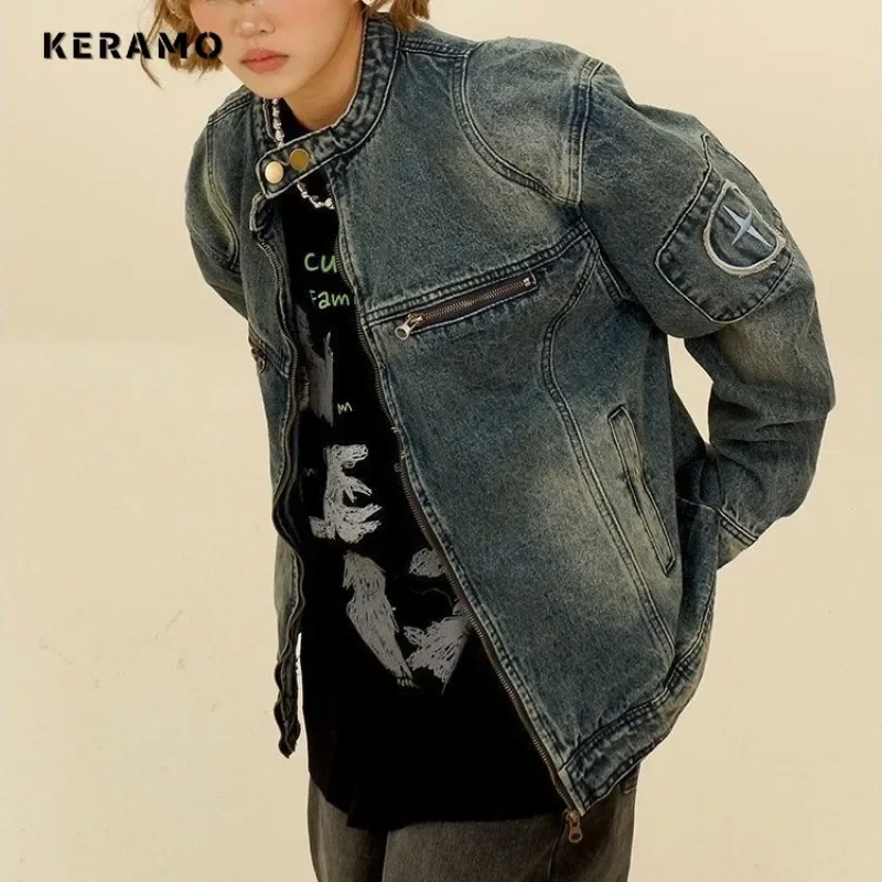 Женская джинсовая куртка на молнии Повседневная Свободная синяя с круглым