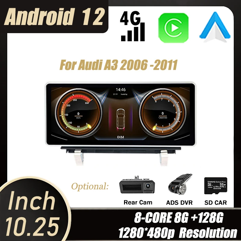 

10.25" Android 12 Car Accessories Multimedia Radio Player 4G WIFI GPS Navigation IPS Screen Carplay For Audi A3 2006 -2011