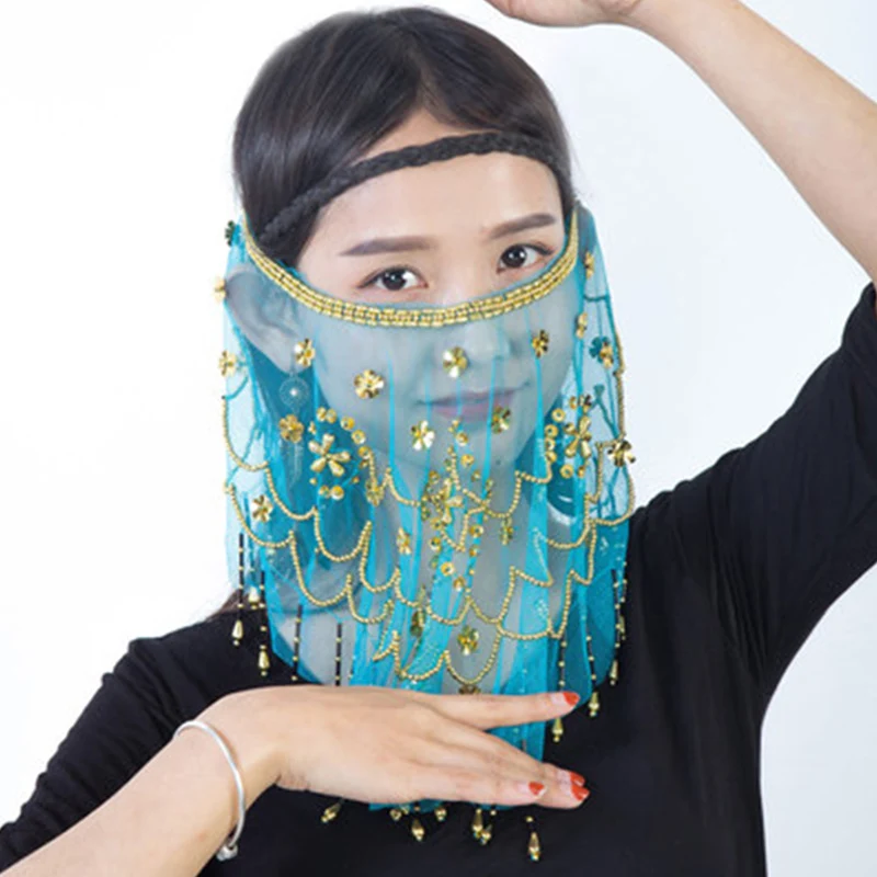 Indian Belly Dancer Veil Accessories Chiffon Halloween Face Dress Up Beautiful with Sequins Dancing Sequin Fringe Accessories
