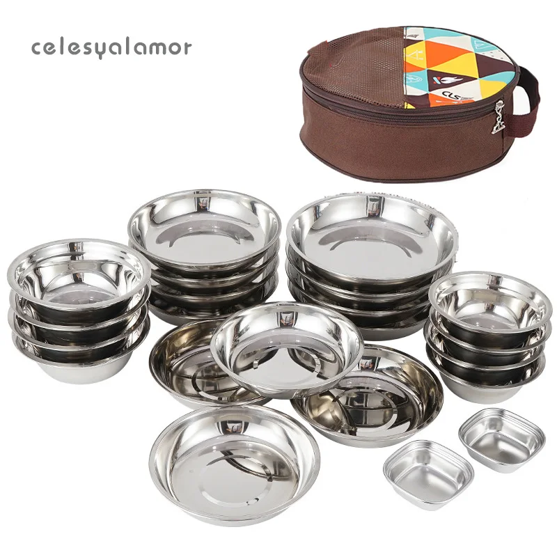 Stainless Steel Plates Bowls Seasoning Dish 17/ 22 Pcs Camping Cookware Set Outdoor Cooking Equipment Tableware With Storage Bag