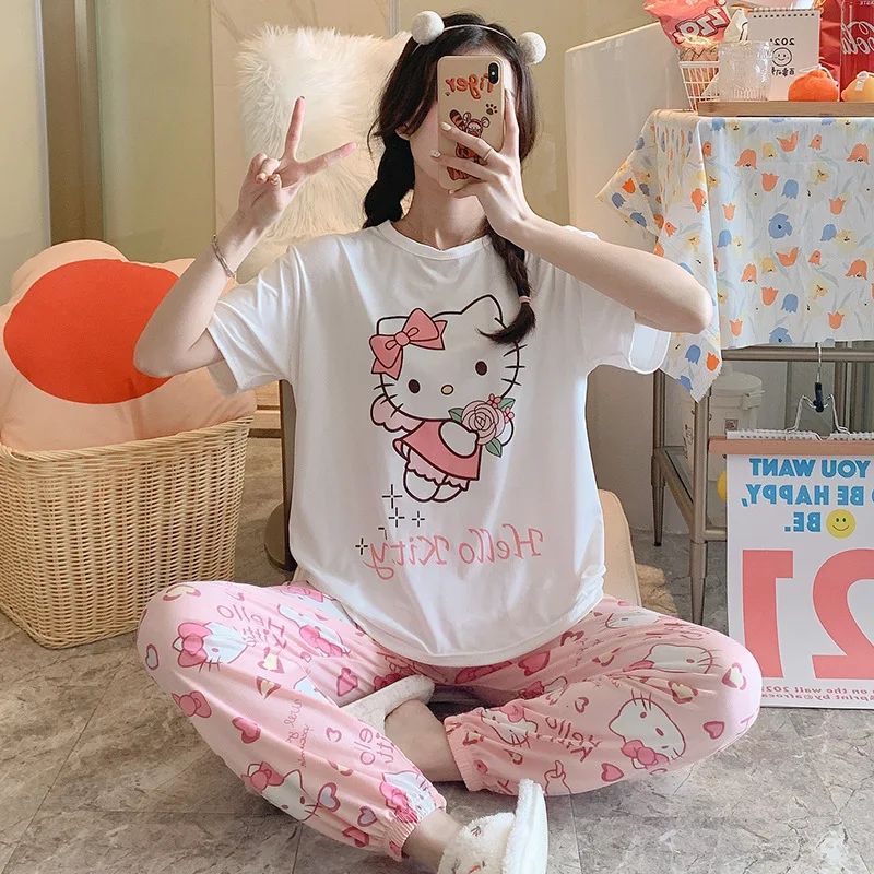 

Kawaii Anime Hello Kitty Summer Short-sleeved Trousers Pajamas Women's Suits Large Size Cartoon Bunched Feet Closed Home Clothes