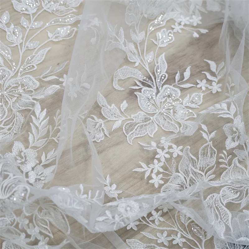 Кружевная ткань 1 ярд цвета слоновой кости с блестками и лепестками сетчатая