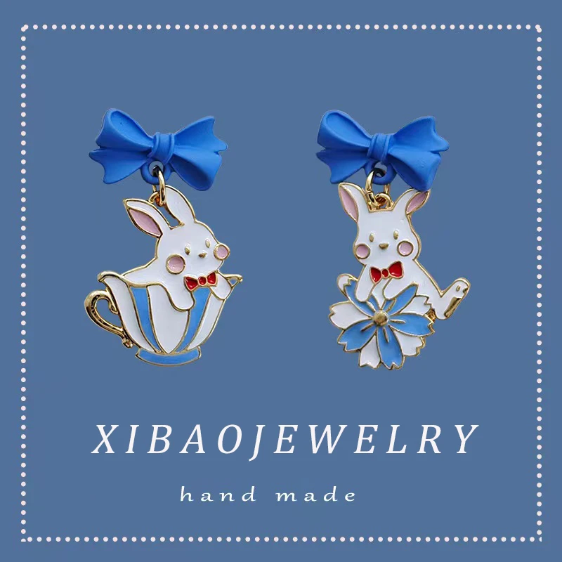 

Fashion Asymmetric Cute Cartoon Rabbit Stud Earrings For Girls Women Aesthetic Blue Bow Animal Earrings Female Charm Jewelry